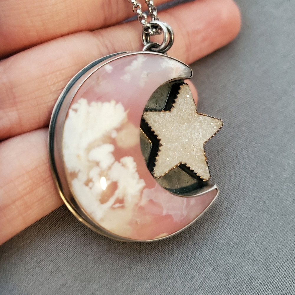 Sterling Silver Plume Agate Moon With Druzy Quartz Star Necklace Ooak Handmade - Picture 3 of 7
